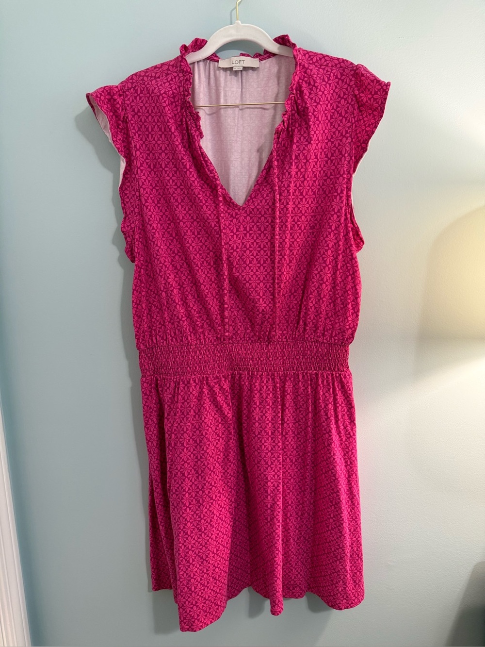 LOFT Pink Cap-Sleeve Smocked Waist Dress